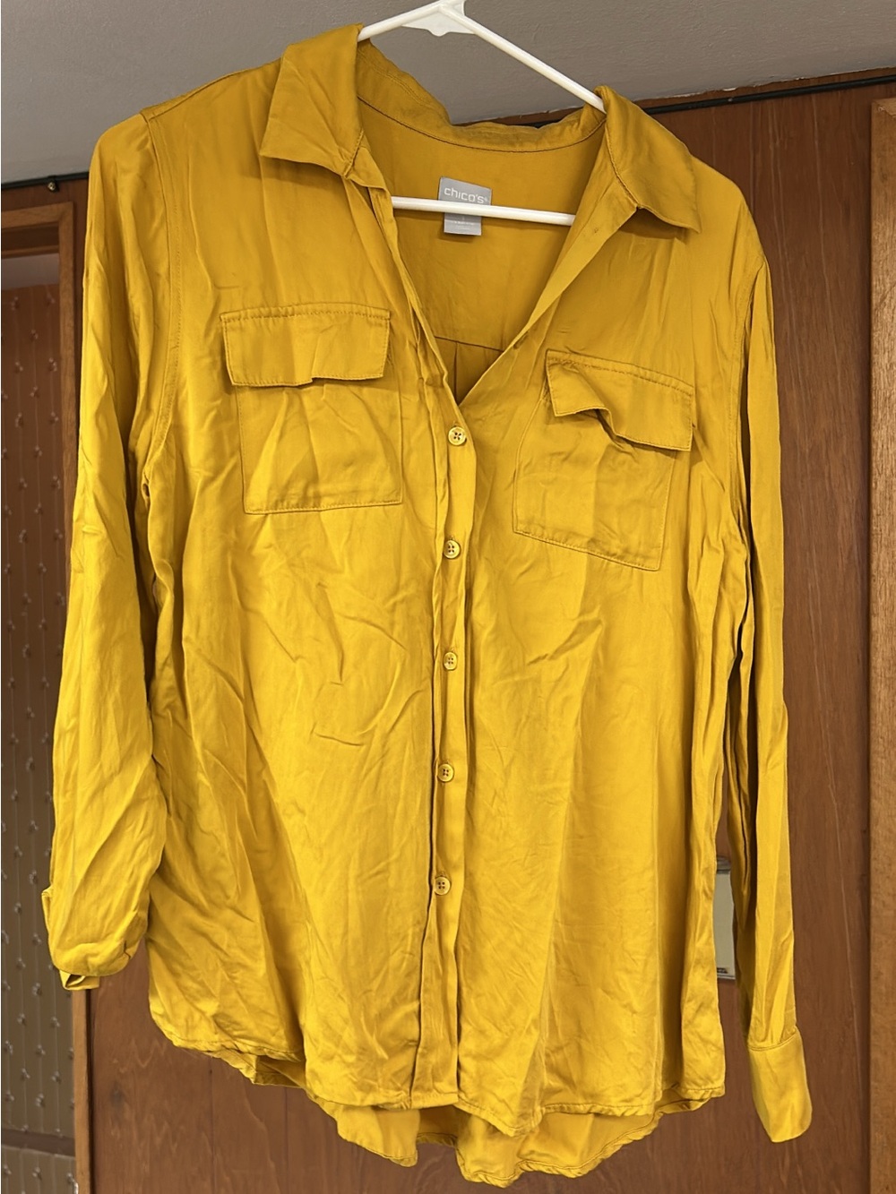 Women's mustard button-up shirt
